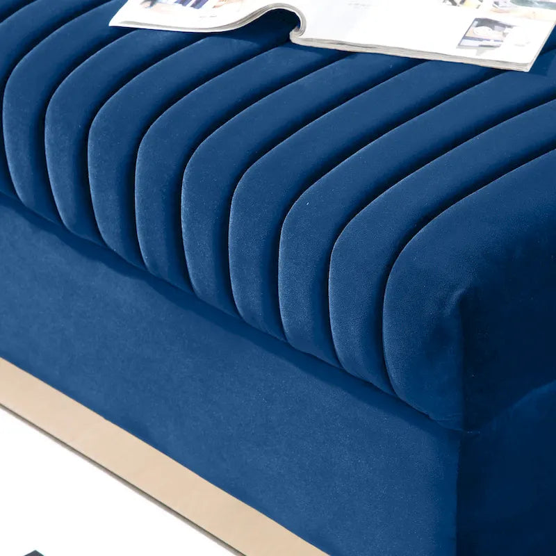 Canapé 2 places en velours capitonné avec clous décoratifs – Bleu / Noir / Beige