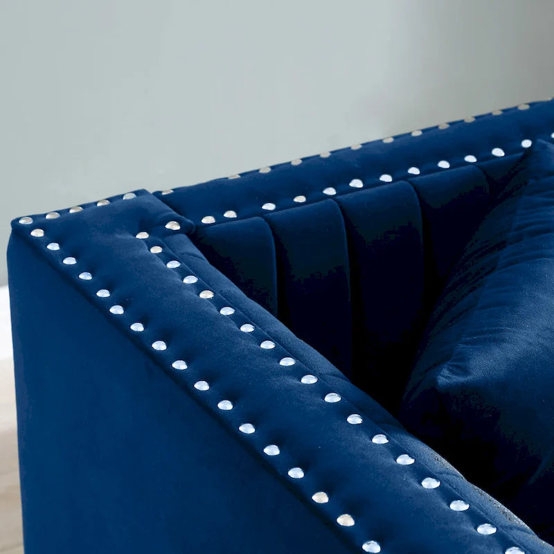 Canapé 2 places en velours capitonné avec clous décoratifs – Bleu / Noir / Beige