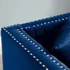 Canapé 2 places en velours capitonné avec clous décoratifs – Bleu / Noir / Beige