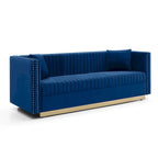 Canapé 2 places en velours capitonné avec clous décoratifs – Bleu / Noir / Beige