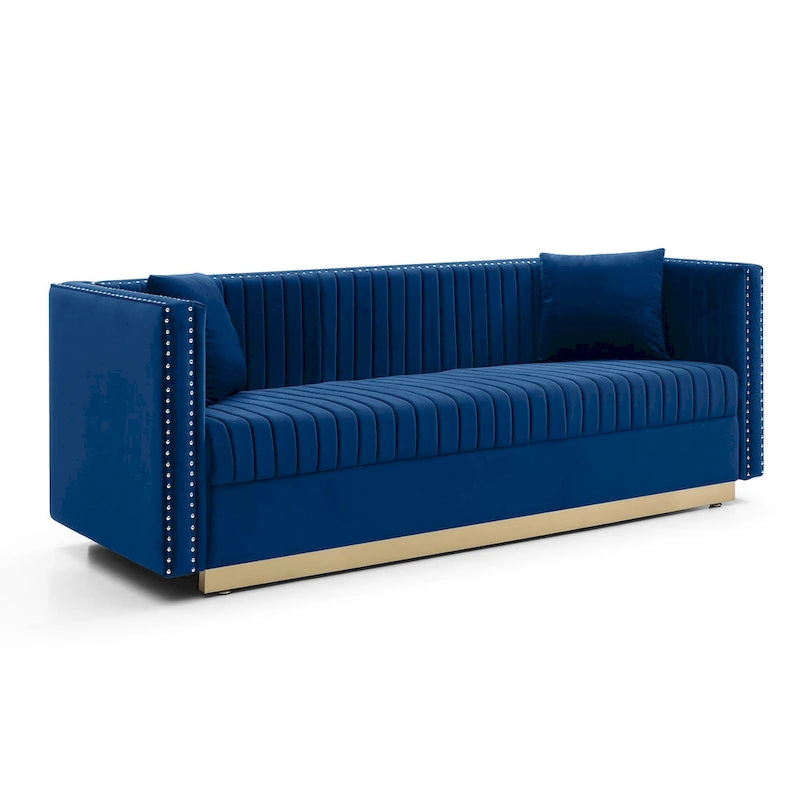Canapé 2 places en velours capitonné avec clous décoratifs – Bleu / Noir / Beige