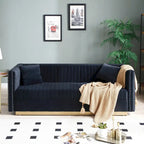 Canapé 2 places en velours capitonné avec clous décoratifs – Bleu / Noir / Beige