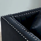 Canapé 2 places en velours capitonné avec clous décoratifs – Bleu / Noir / Beige