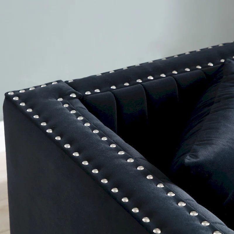 Canapé 2 places en velours capitonné avec clous décoratifs – Bleu / Noir / Beige