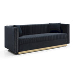 Canapé 2 places en velours capitonné avec clous décoratifs – Bleu / Noir / Beige