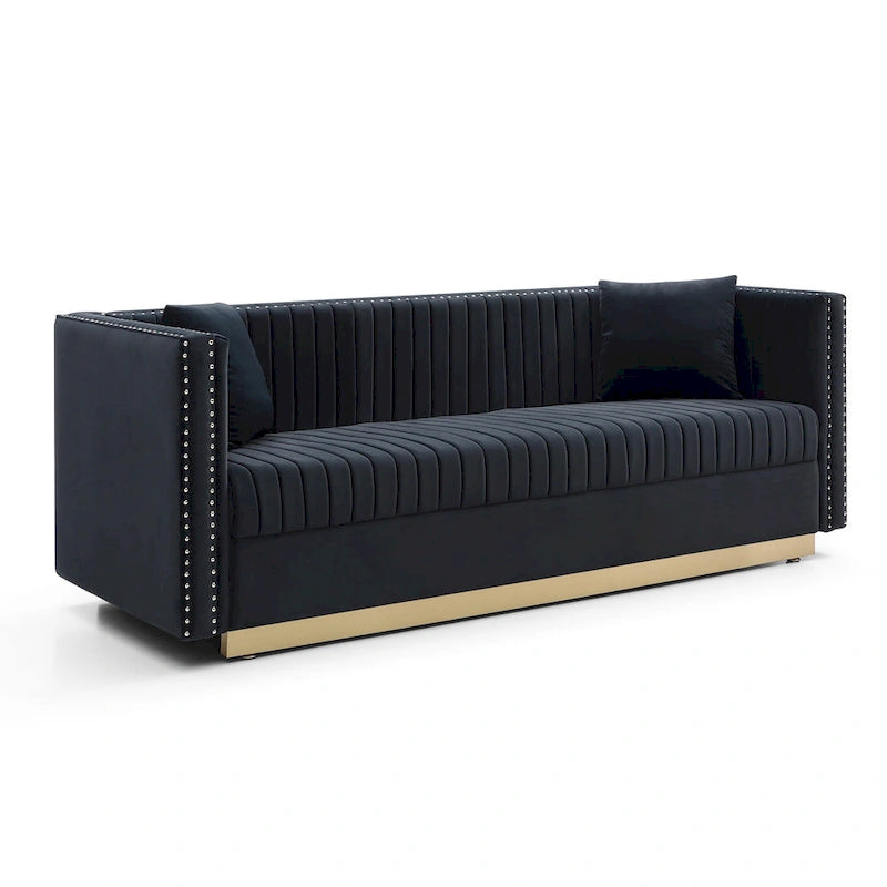 Canapé 2 places en velours capitonné avec clous décoratifs – Bleu / Noir / Beige