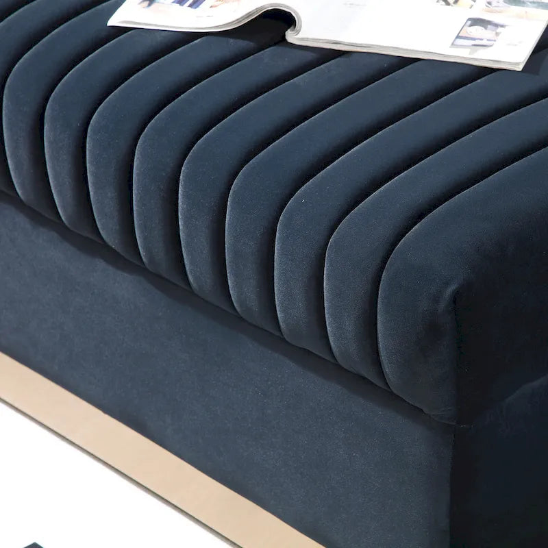 Canapé 2 places en velours capitonné avec clous décoratifs – Bleu / Noir / Beige