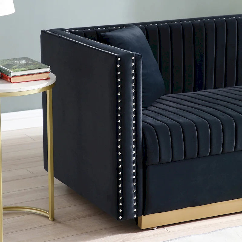 Canapé 2 places en velours capitonné avec clous décoratifs – Bleu / Noir / Beige