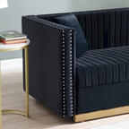 Canapé 2 places en velours capitonné avec clous décoratifs – Bleu / Noir / Beige