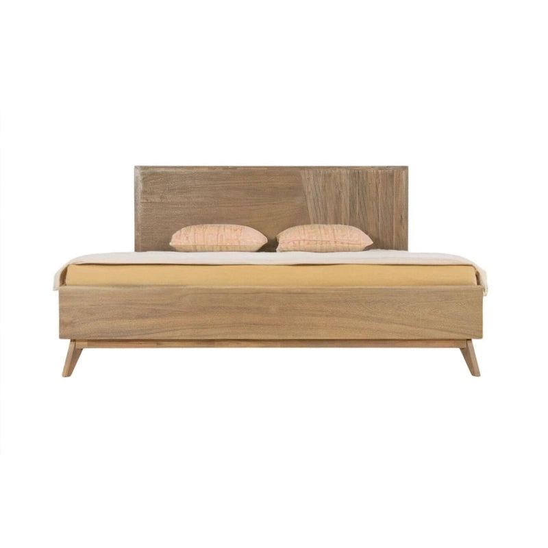 Cadre de lit Queen en bois naturel, marron, style milieu de siècle, 2 places