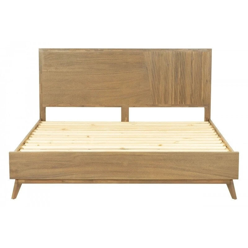 Cadre de lit Queen en bois naturel, marron, style milieu de siècle, 2 places