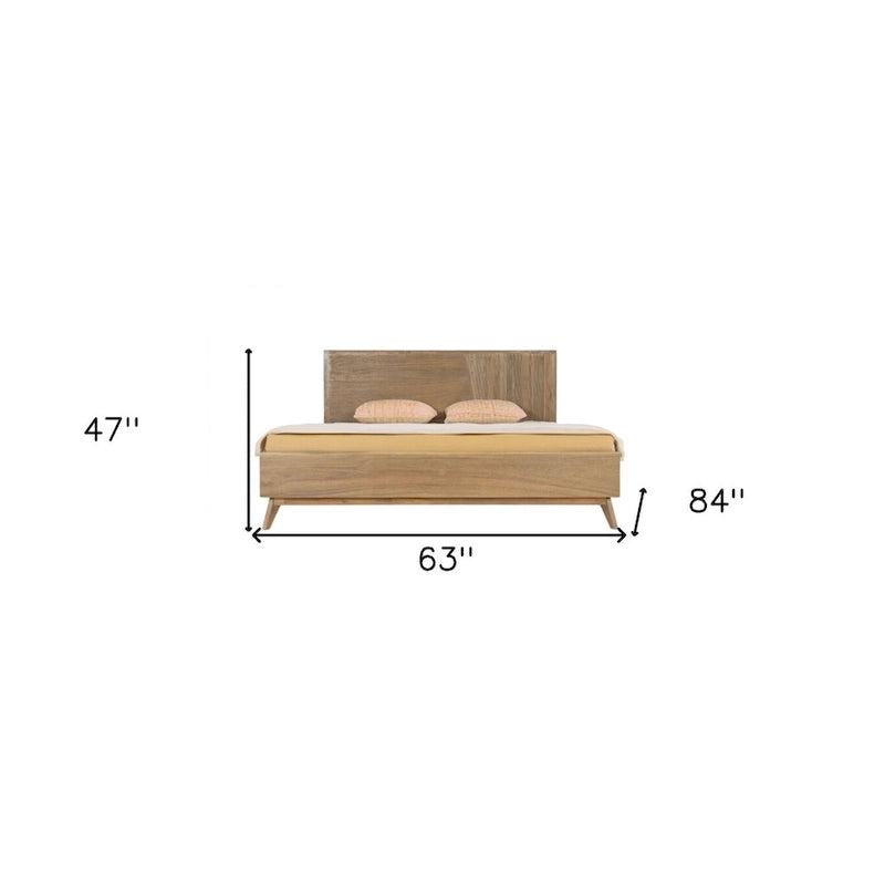 Cadre de lit Queen en bois naturel, marron, style milieu de siècle, 2 places