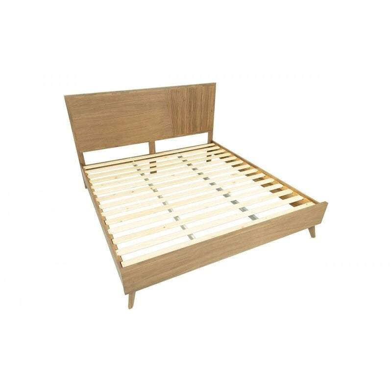 Cadre de lit Queen en bois naturel, marron, style milieu de siècle, 2 places