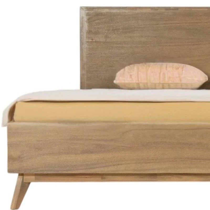 Cadre de lit Queen en bois naturel, marron, style milieu de siècle, 2 places