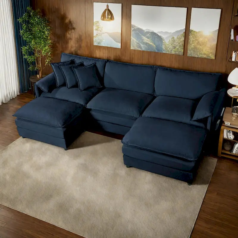 Canapé modulable en forme de U 5 places en chenille beige/noir/bleu