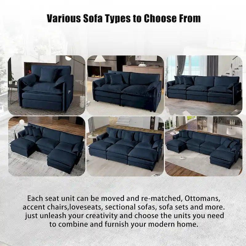 Canapé modulable en forme de U 5 places en chenille beige/noir/bleu
