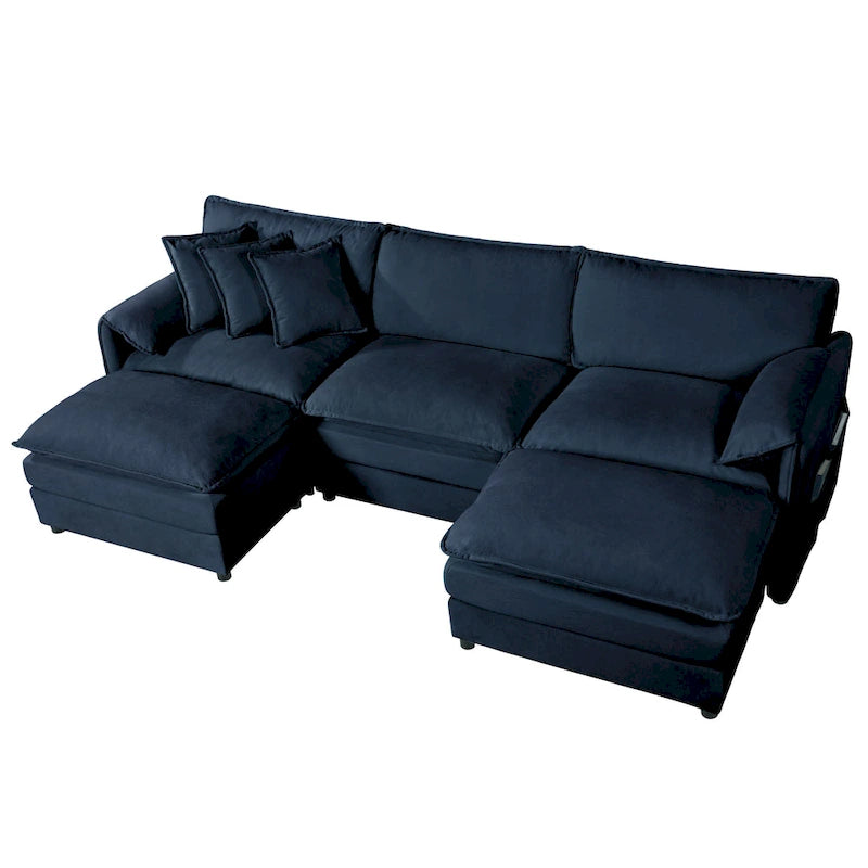 Canapé modulable en forme de U 5 places en chenille beige/noir/bleu