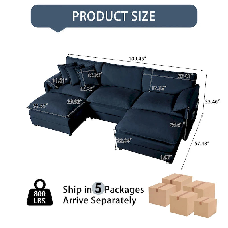 Canapé modulable en forme de U 5 places en chenille beige/noir/bleu