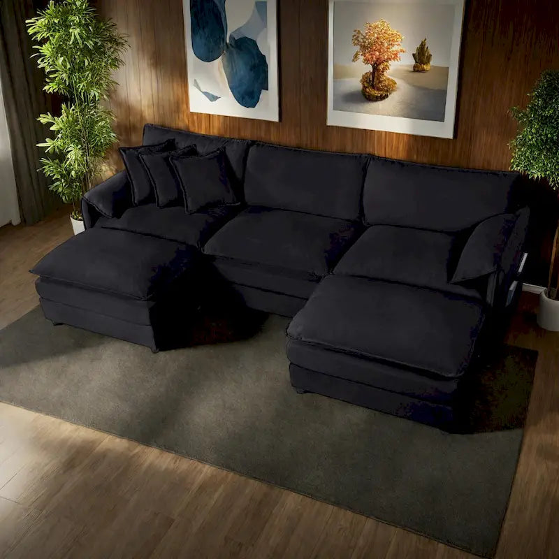 Canapé modulable en forme de U 5 places en chenille beige/noir/bleu