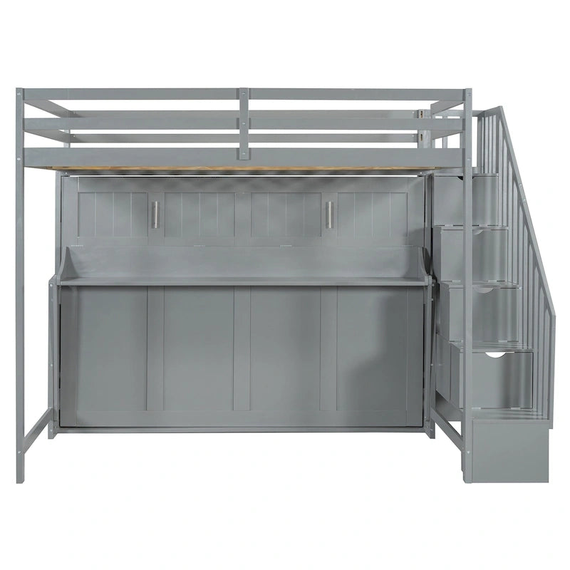 Lit superposé Murphy gris avec bureau et escalier de rangement, 2 couchages