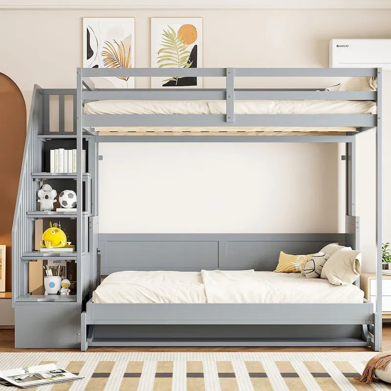 Lit superposé Murphy gris avec bureau et escalier de rangement, 2 couchages