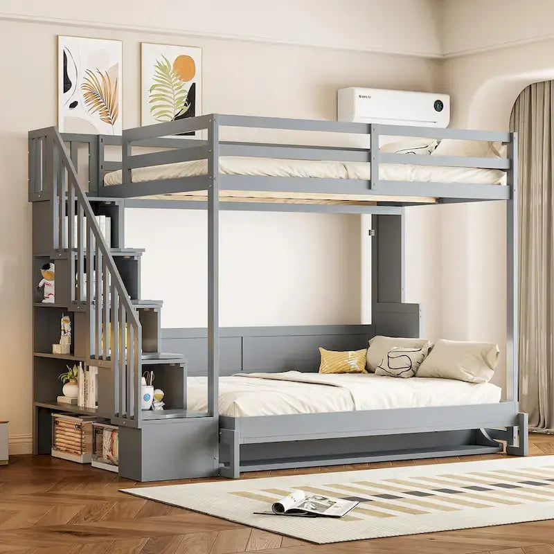 Lit superposé Murphy gris avec bureau et escalier de rangement, 2 couchages