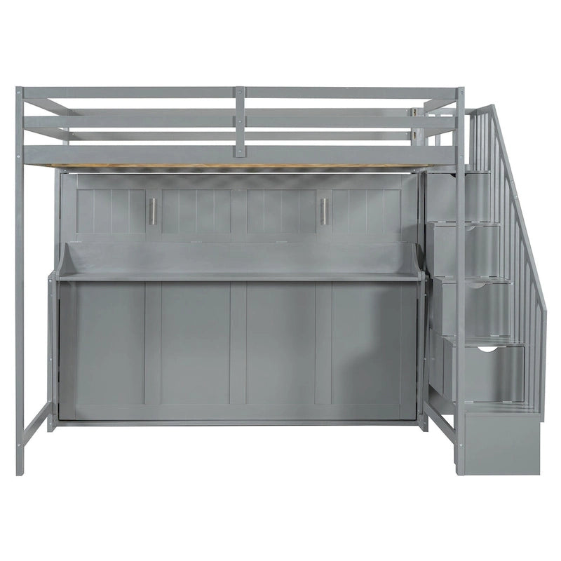 Lit superposé Murphy gris avec bureau et escalier de rangement, 2 couchages