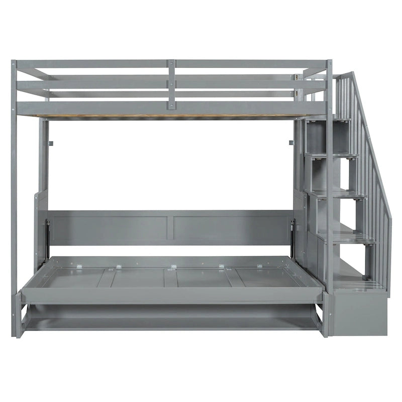 Lit superposé Murphy gris avec bureau et escalier de rangement, 2 couchages