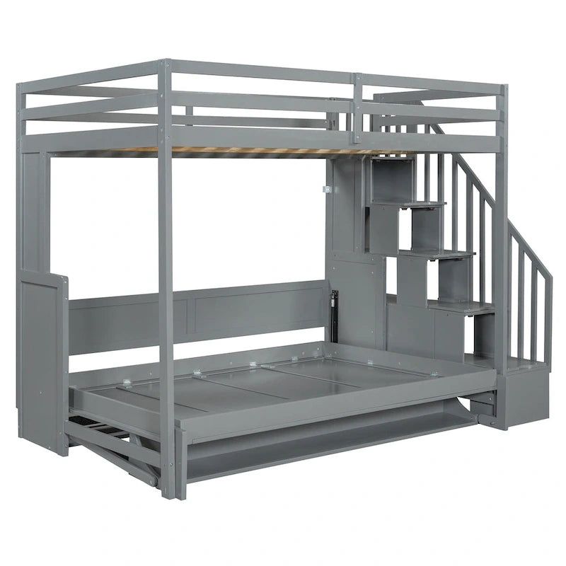 Lit superposé Murphy gris avec bureau et escalier de rangement, 2 couchages