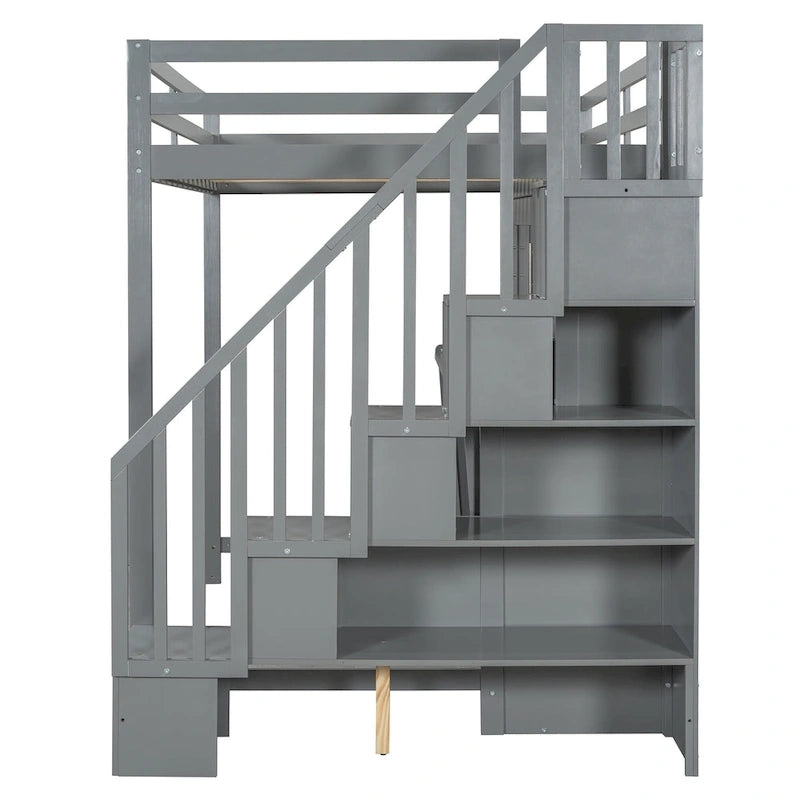Lit superposé Murphy gris avec bureau et escalier de rangement, 2 couchages