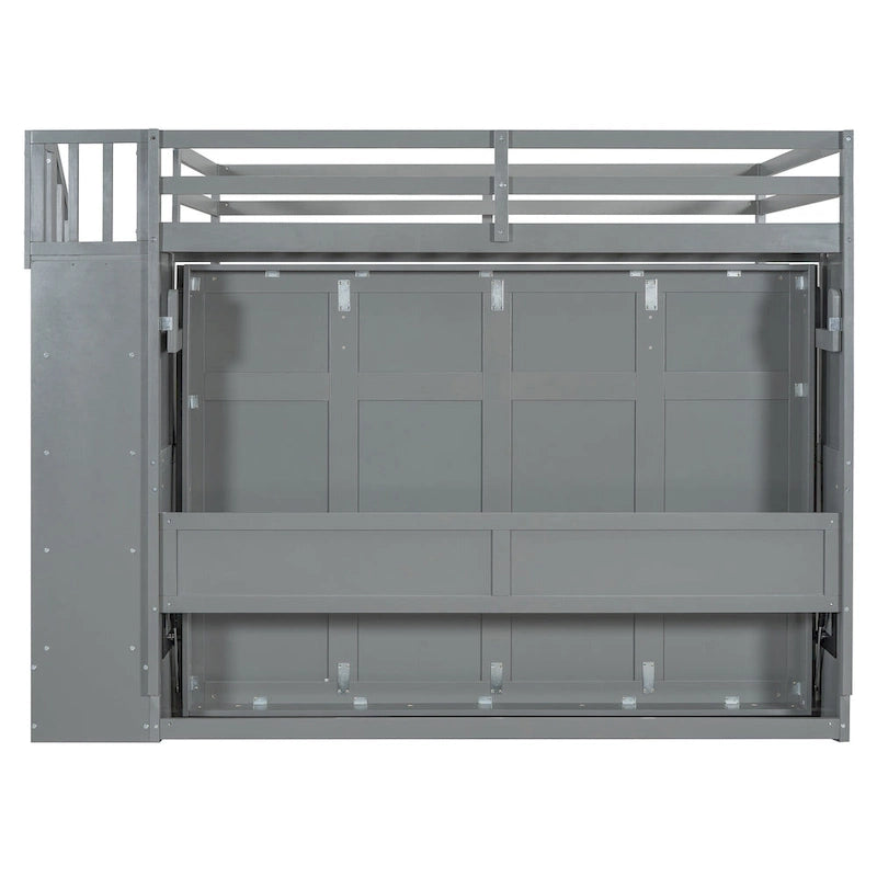 Lit superposé Murphy gris avec bureau et escalier de rangement, 2 couchages