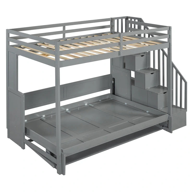 Lit superposé Murphy gris avec bureau et escalier de rangement, 2 couchages