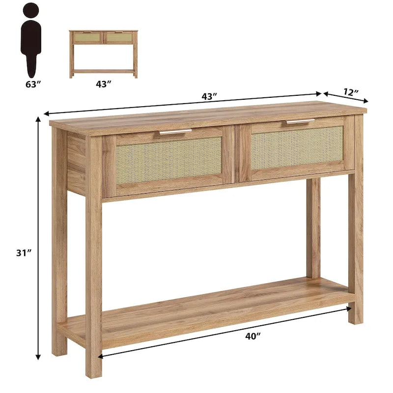 Console bohème naturelle/marron avec rotin et 2 tiroirs, assemblage par 1 personne
