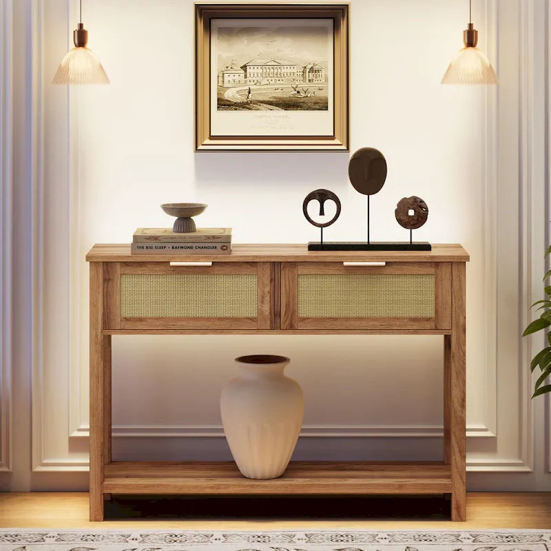 Console bohème naturelle/marron avec rotin et 2 tiroirs, assemblage par 1 personne