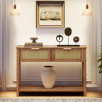 Console bohème naturelle/marron avec rotin et 2 tiroirs, assemblage par 1 personne