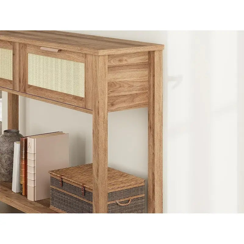 Console bohème naturelle/marron avec rotin et 2 tiroirs, assemblage par 1 personne