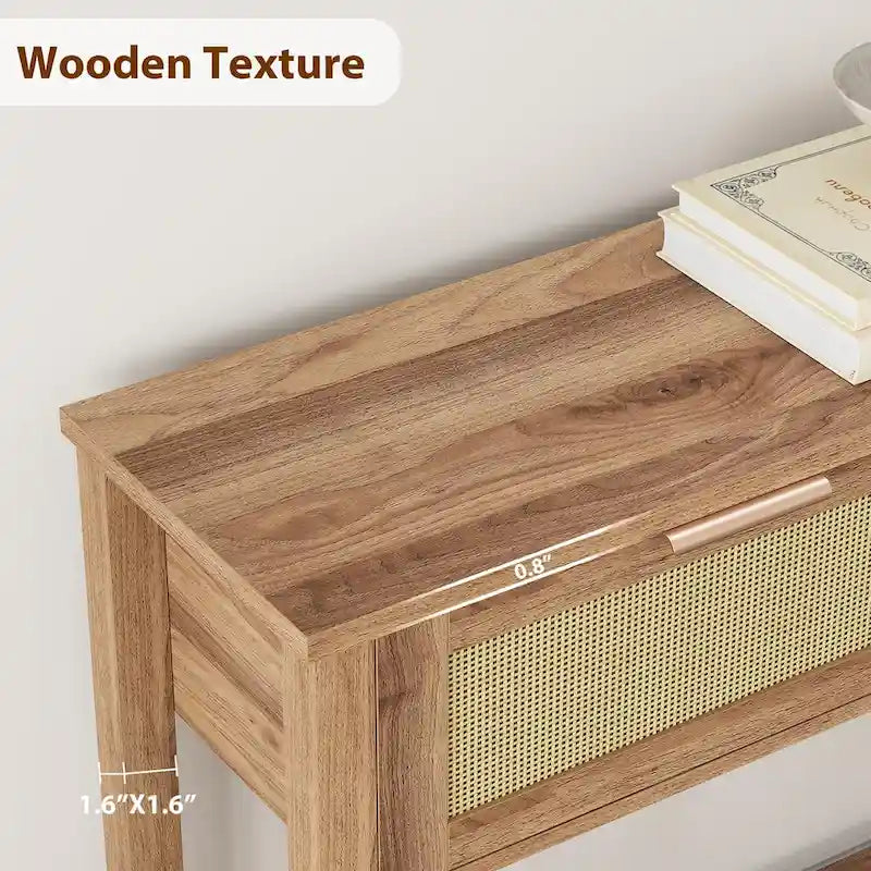Console bohème naturelle/marron avec rotin et 2 tiroirs, assemblage par 1 personne