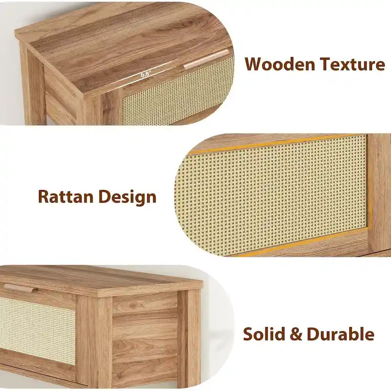 Console bohème naturelle/marron avec rotin et 2 tiroirs, assemblage par 1 personne