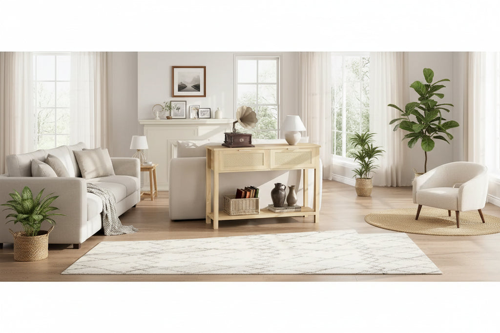 Console bohème naturelle/marron avec rotin et 2 tiroirs, assemblage par 1 personne