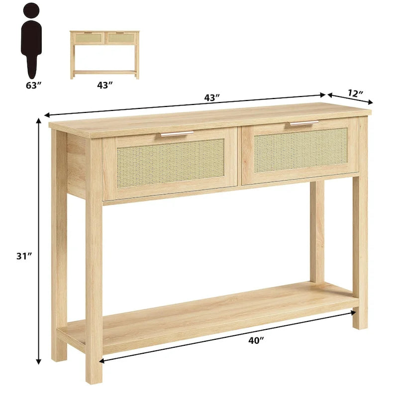 Console bohème naturelle/marron avec rotin et 2 tiroirs, assemblage par 1 personne