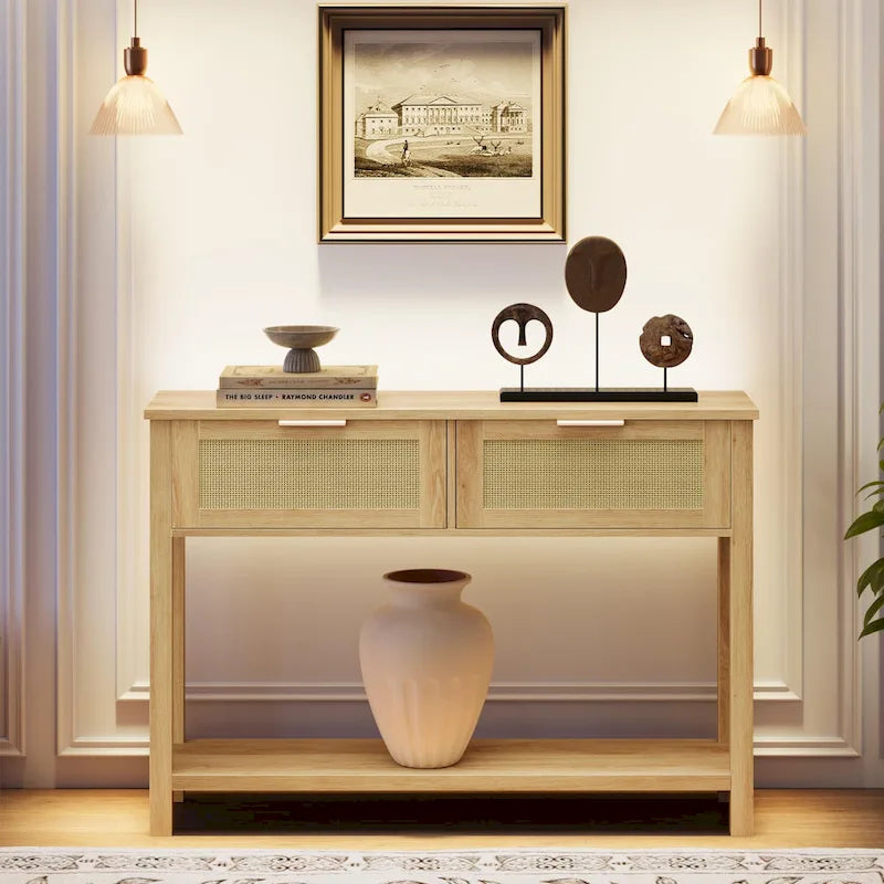 Console bohème naturelle/marron avec rotin et 2 tiroirs, assemblage par 1 personne