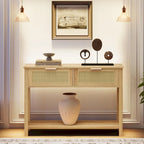 Console bohème naturelle/marron avec rotin et 2 tiroirs, assemblage par 1 personne