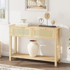 Console bohème naturelle/marron avec rotin et 2 tiroirs, assemblage par 1 personne