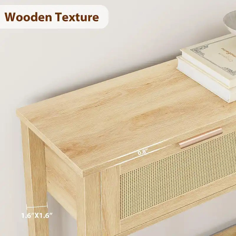 Console bohème naturelle/marron avec rotin et 2 tiroirs, assemblage par 1 personne