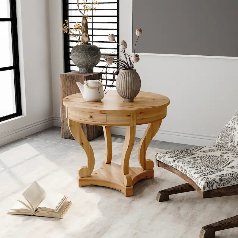 Table d'appoint ronde en bois naturel avec tiroirs, pieds courbés, 1 personne