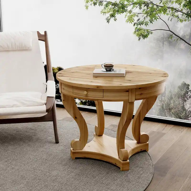 Table d'appoint ronde en bois naturel avec tiroirs, pieds courbés, 1 personne