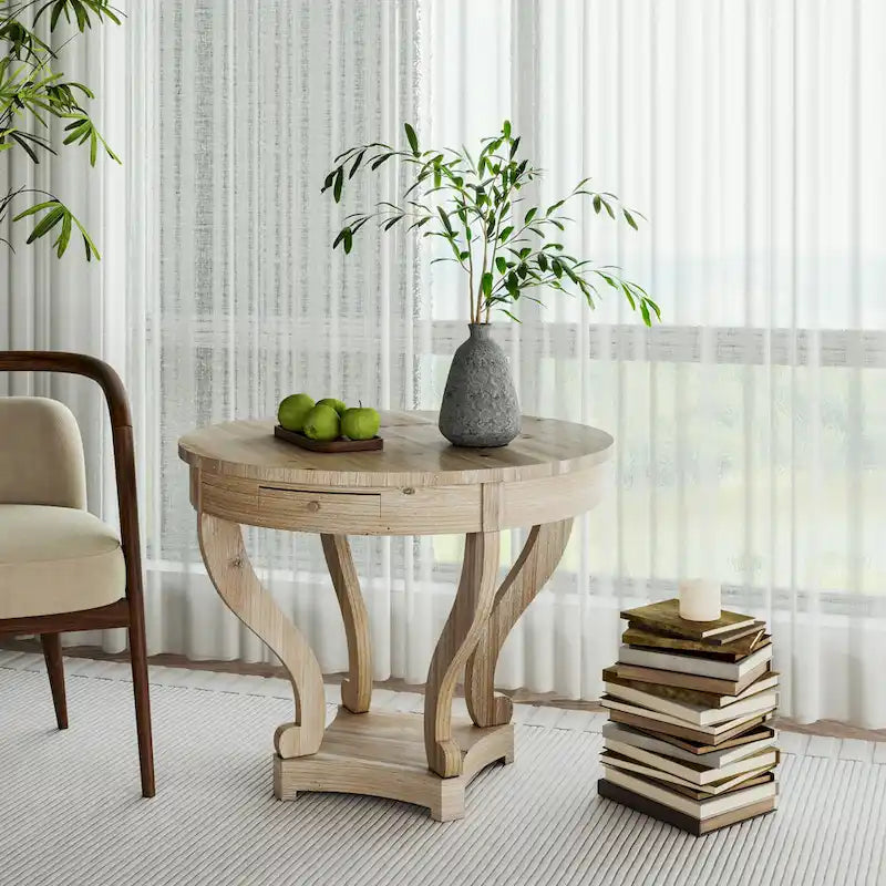 Table d'appoint ronde en bois naturel avec tiroirs, pieds courbés, 1 personne