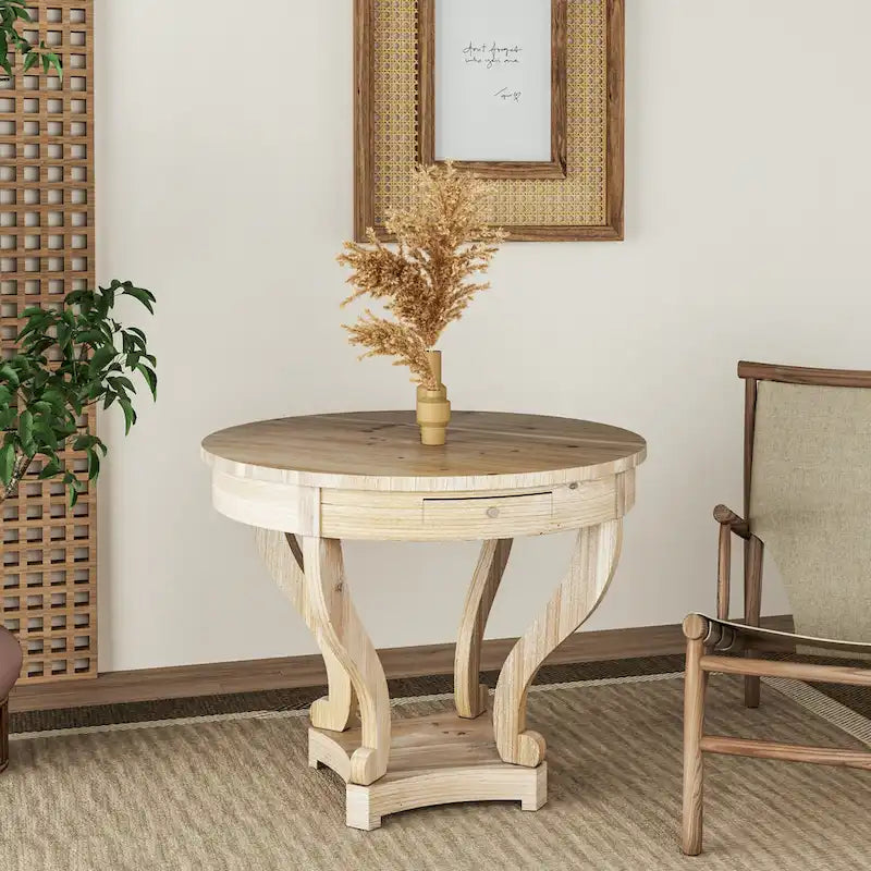 Table d'appoint ronde en bois naturel avec tiroirs, pieds courbés, 1 personne