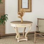 Table d'appoint ronde en bois naturel avec tiroirs, pieds courbés, 1 personne