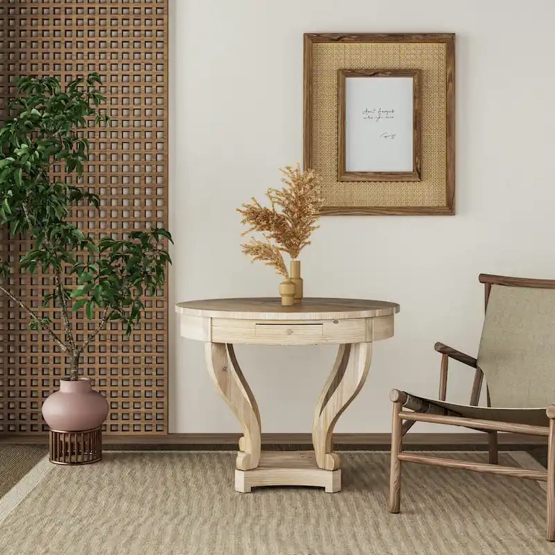Table d'appoint ronde en bois naturel avec tiroirs, pieds courbés, 1 personne